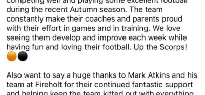 A wonderfully sincere thank you from Scawthorpe Scorpions